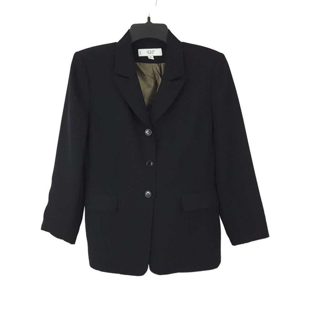 Le Suit Three Button Blazer Suit Jacket, Petite Size 6P Pinstripe Black